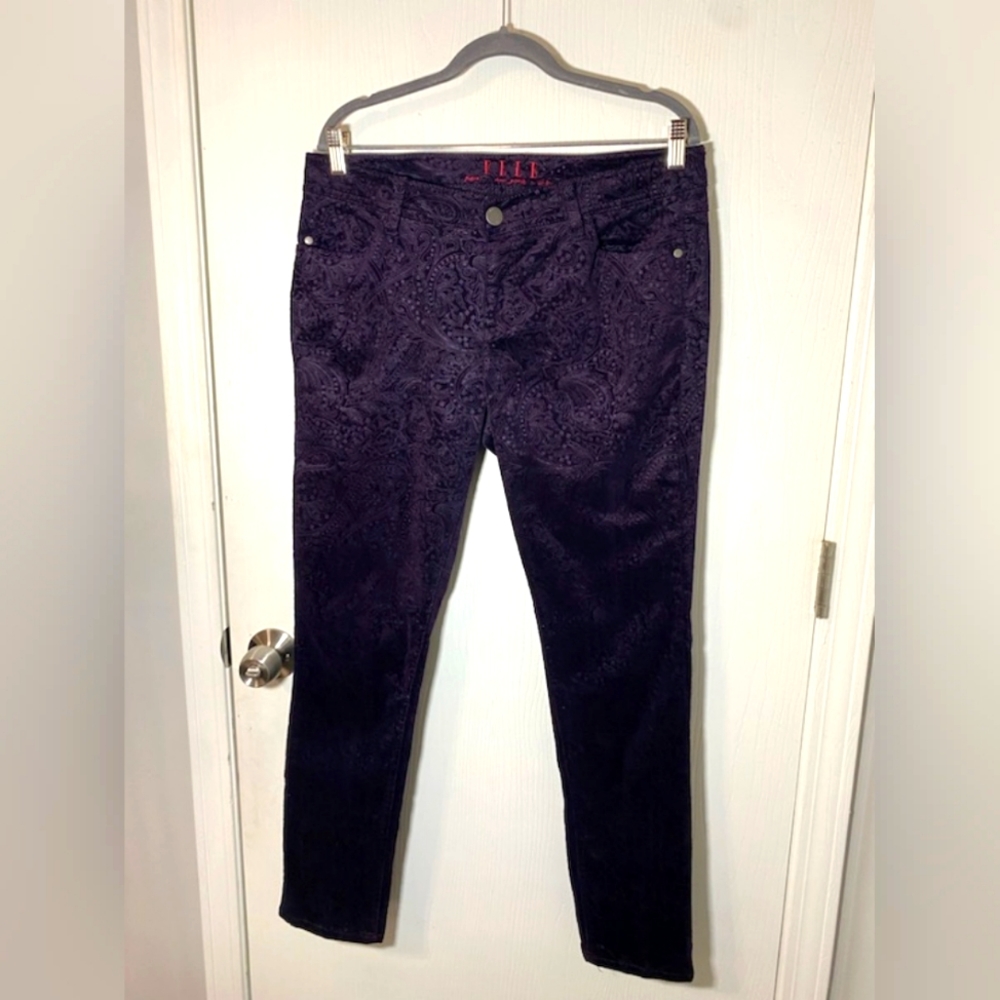 Elle Womens 14 R Velvet Jeans Purple Paisley Skinny Low Rise Stretch Boho Hippie